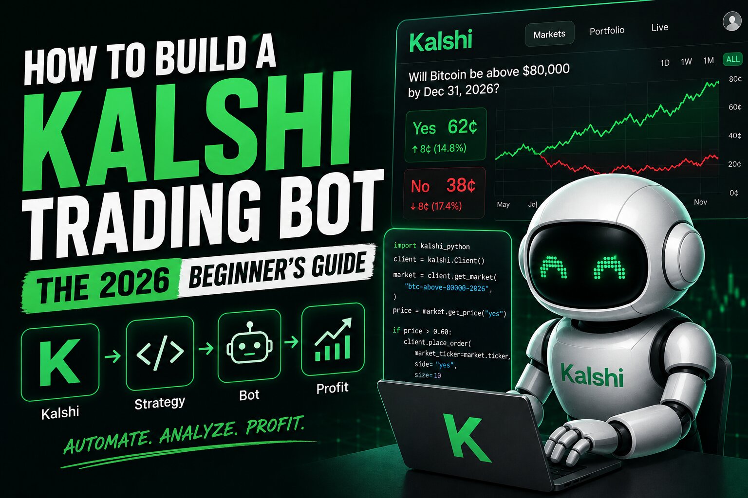 Diagram of a Kalshi trading bot architecture: API, market data, strategy engine, and risk controls