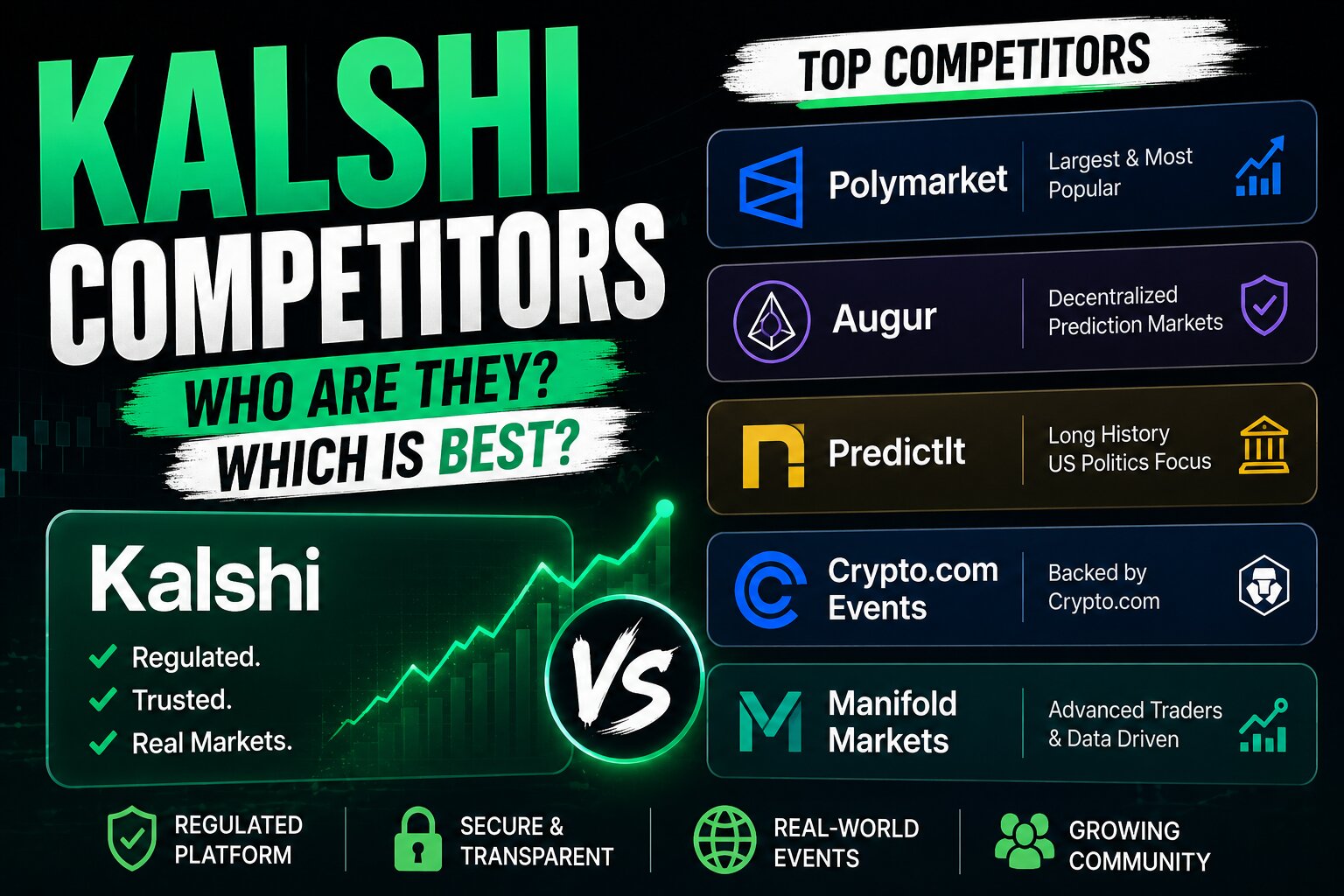 Side-by-side logos of Kalshi, Polymarket, Crypto.com, Manifold, and PredictIt