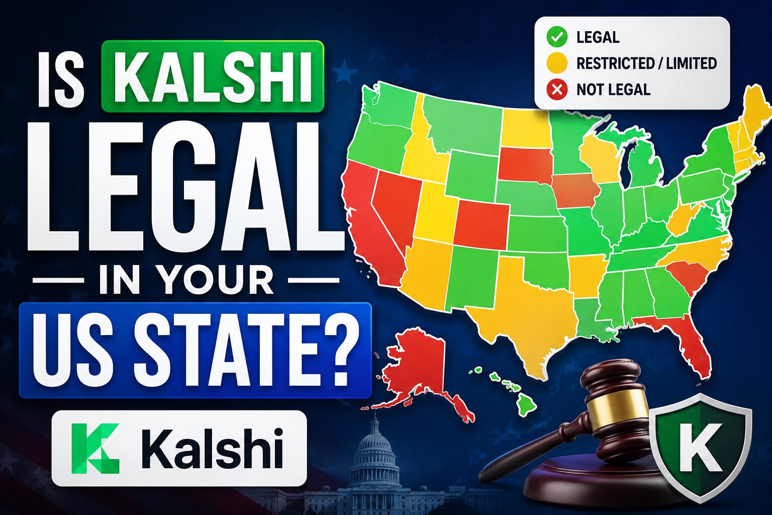 Map of the United States showing Kalshi legal status by state