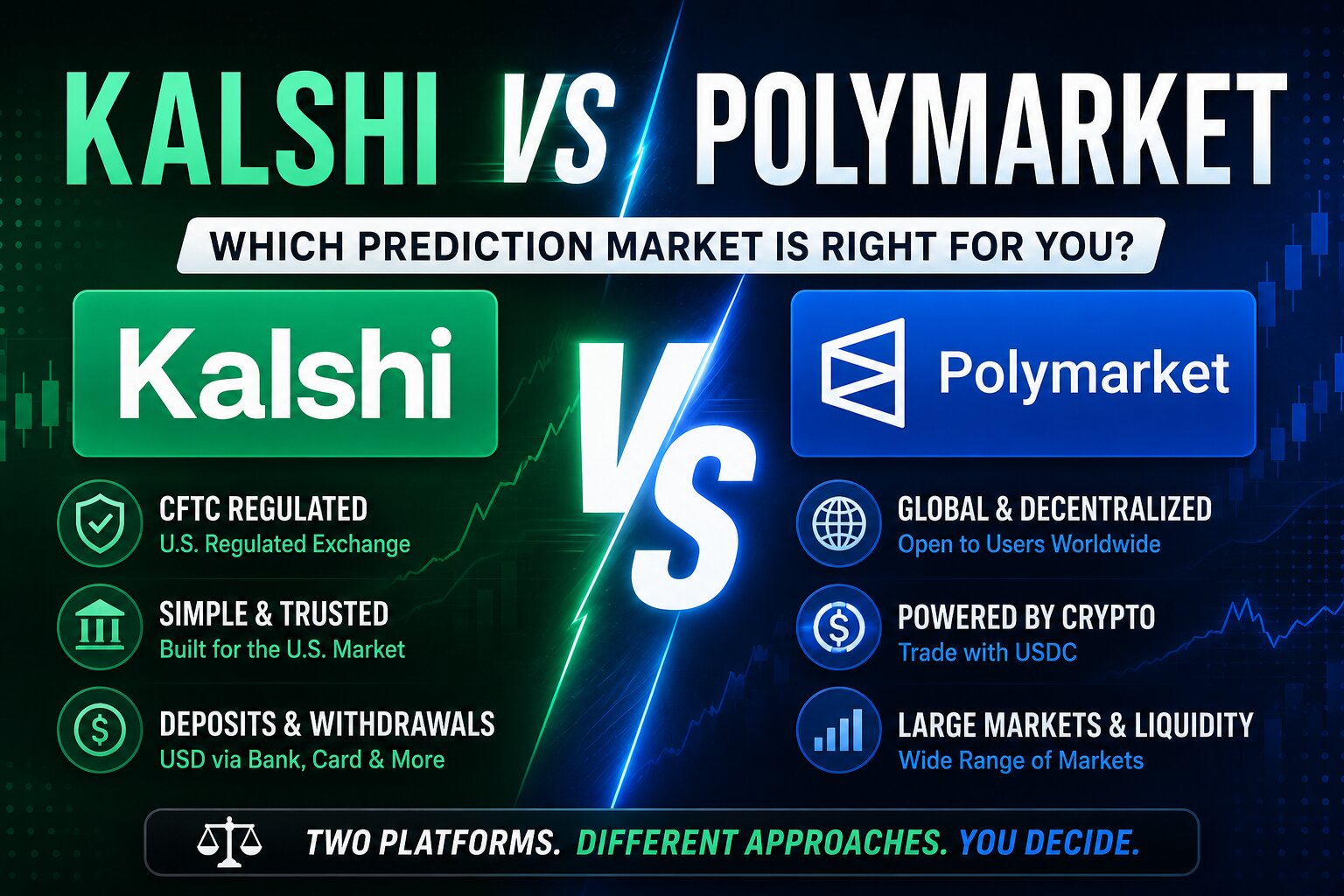 Side-by-side Kalshi and Polymarket trading interfaces showing volume charts