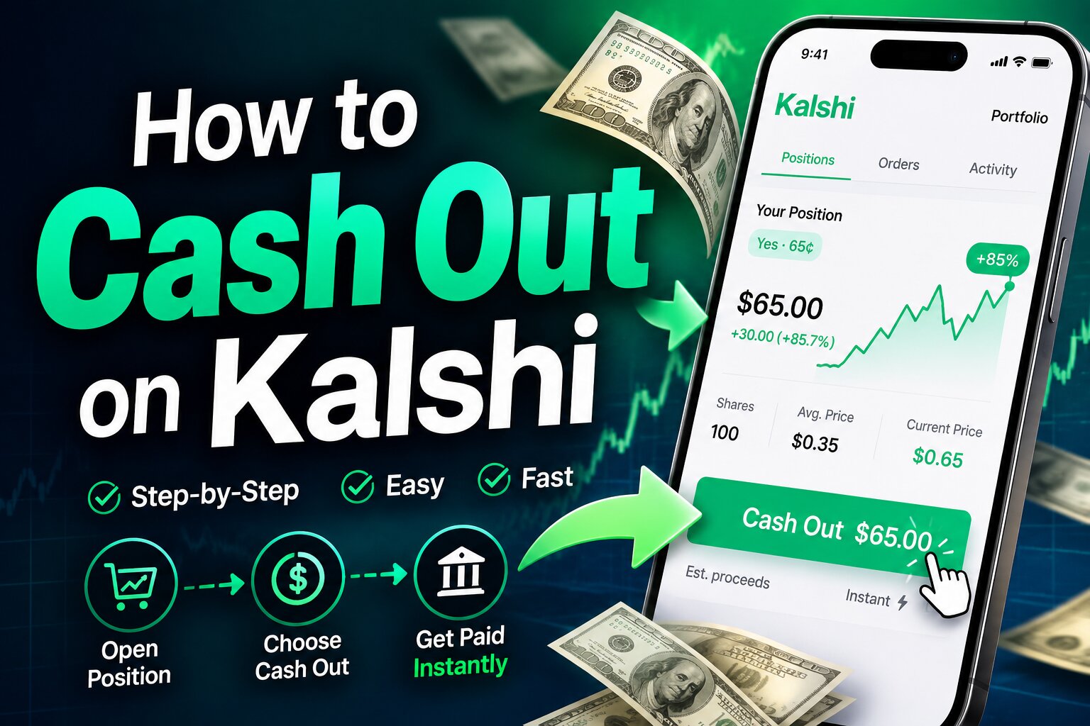 Kalshi Portfolio and Withdraw screen with a bank account selected
