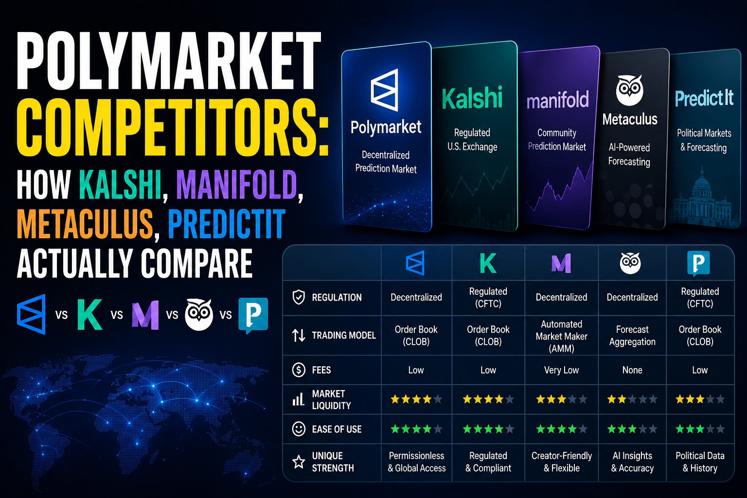 Side-by-side logos of Polymarket, Kalshi, Manifold, PredictIt, and Metaculus