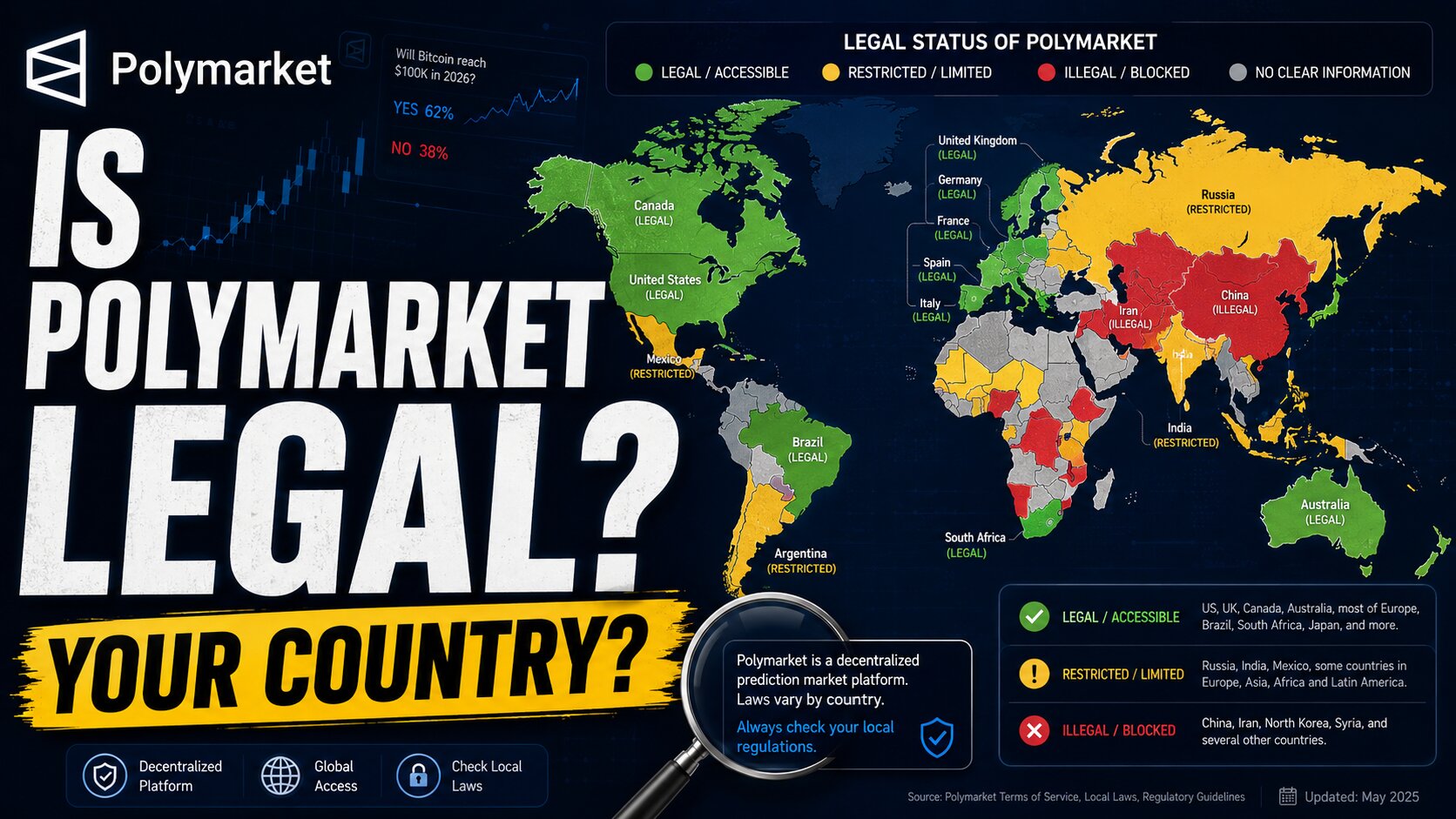 World map showing Polymarket's country-by-country legal status