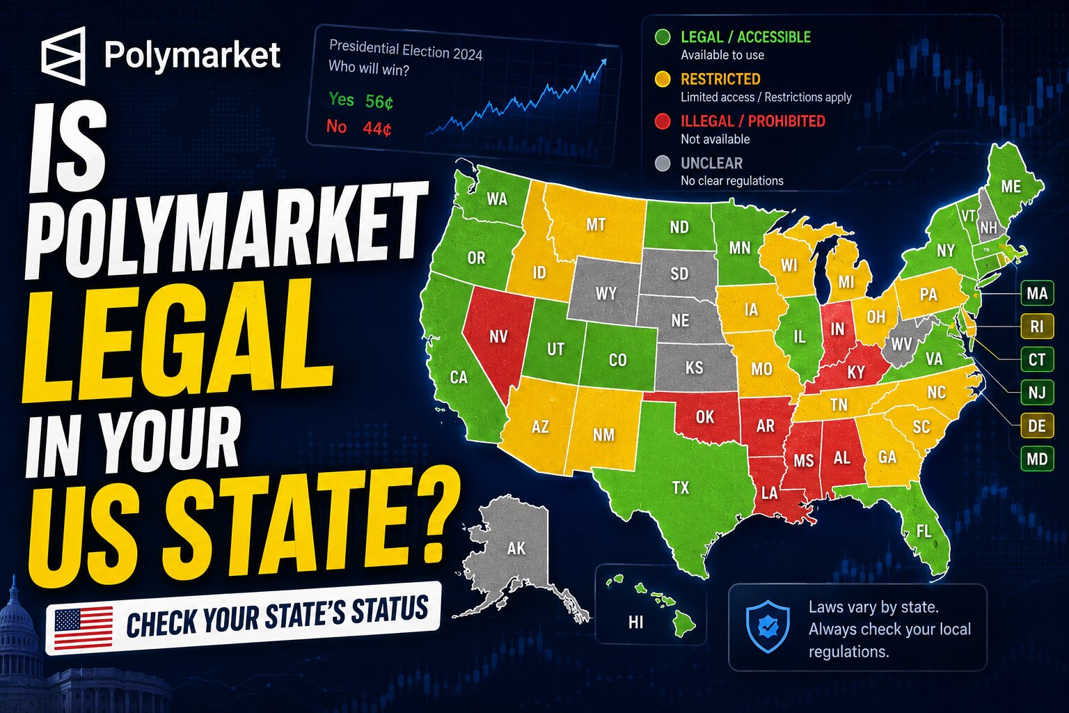 Map of the United States showing Polymarket and Kalshi legal status by state
