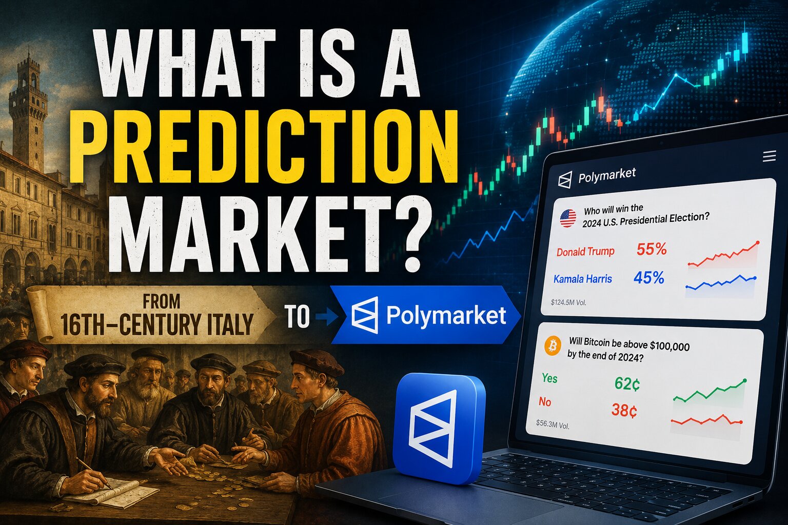 A probability curve overlaid on a crowd of traders, representing crowd-sourced forecasting