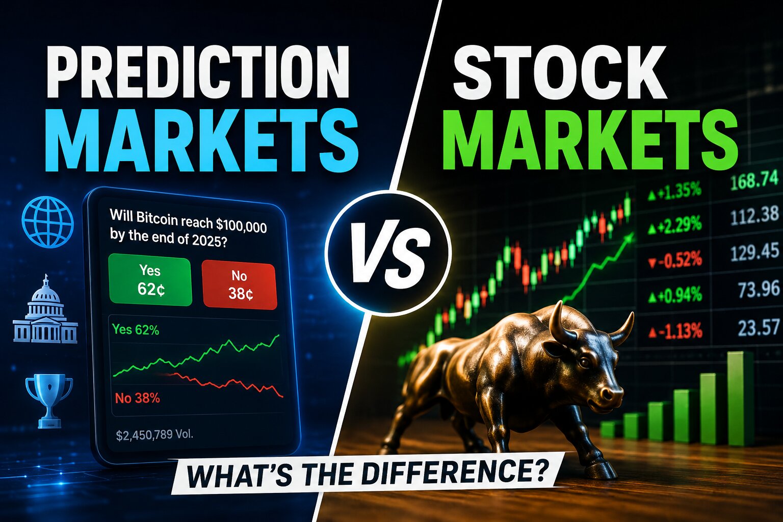 Side-by-side comparison of a prediction market event contract and a stock ticker board