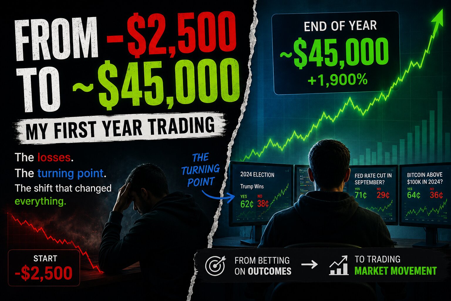Twelve-month PnL curve climbing from zero to roughly $45,000